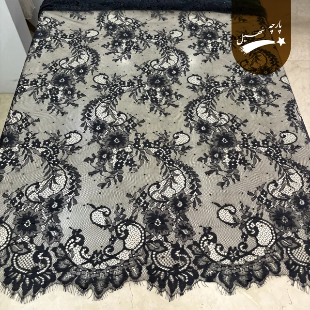 پارچه دانتل فرانسه نگین دار کد 8 (مشکی)