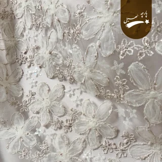 پارچه دانتل تور سهبعدی صورتی پولکدوزی گلدار